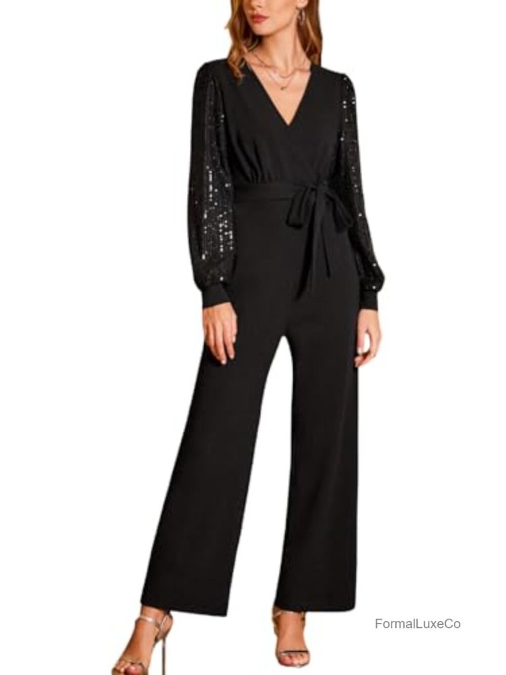 Long Sleeve V Neck Sequin Wrap Maxi Jumpsuit